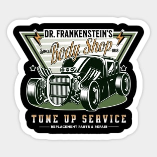 Retro Dr Frankenstein's Body Shop Spoof Hot Rod Dark Sticker